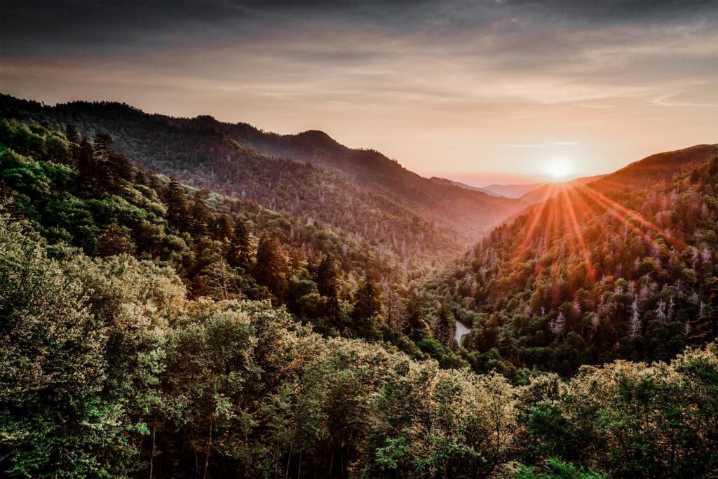 Sunset at the Newfound Gap in the Great Smoky Mountains.