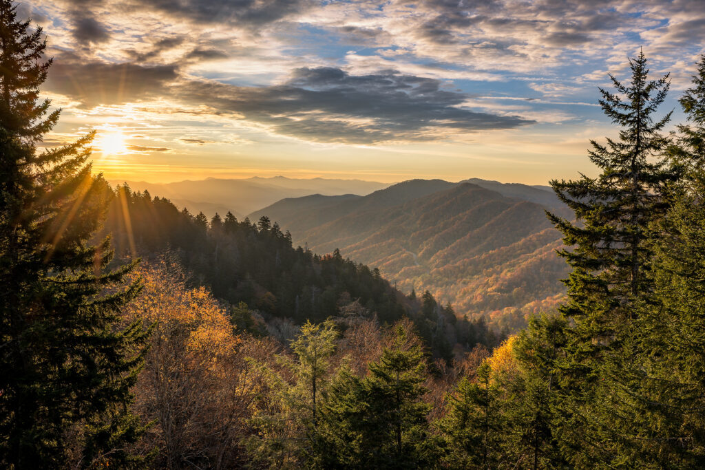 Great Smoky Mountains, autumn sunrise Tennessee sunset over the mountains