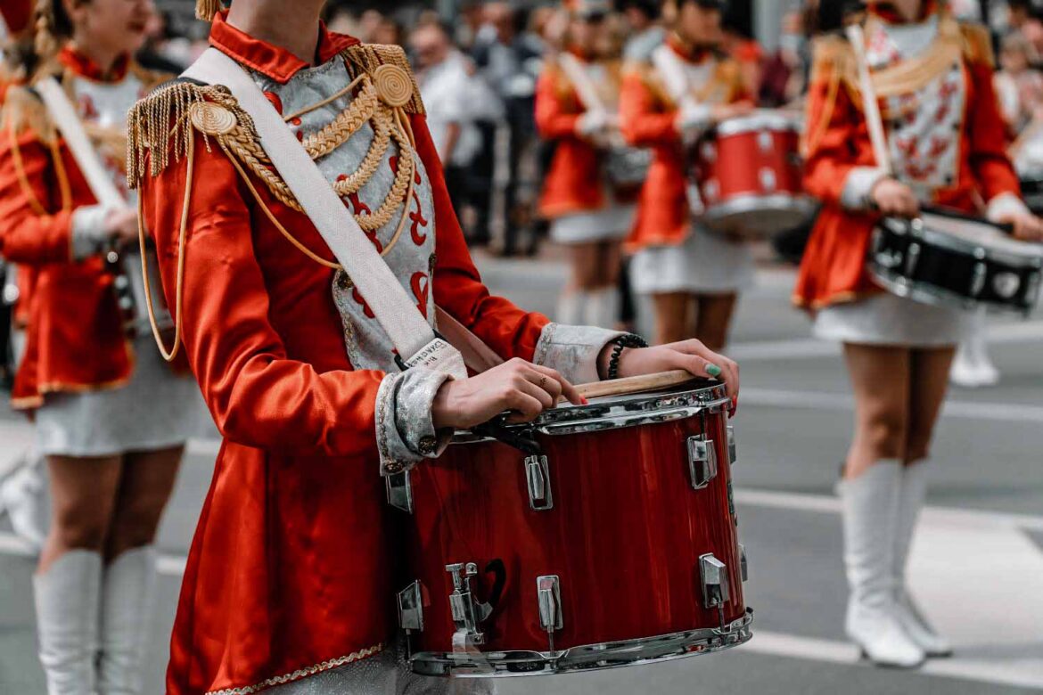 Gatlinburg Christmas Parade 2021 - Young girls drummer at the parade. Street performance. Majorettes in the parade